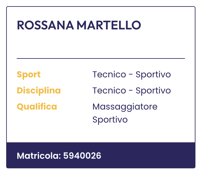 Rossana Martello. Sport e disciplina: Tecnico – Sportivo. Qualifica: Massaggiatore Sportivo. Matricola: 5940026.